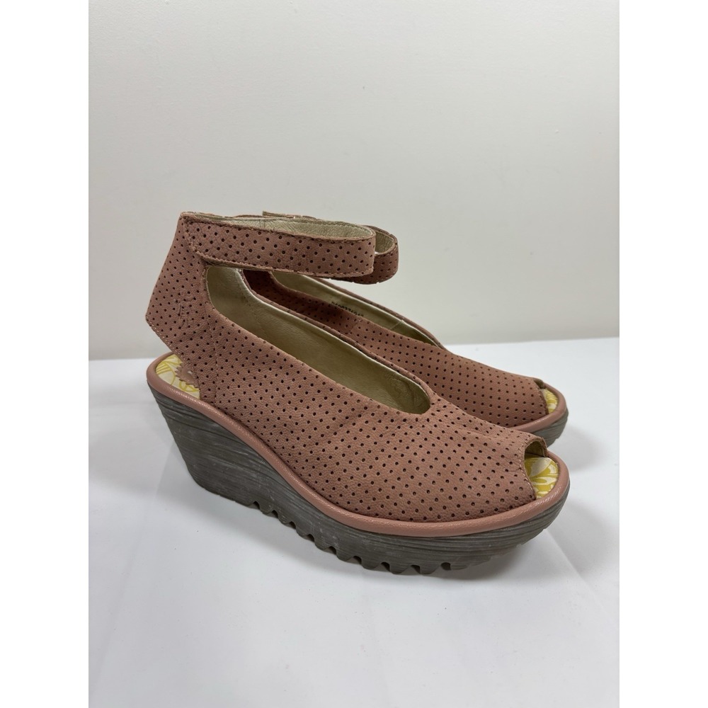 Fly London Womens 36 Yala Perf Taupe Peep Toe Chunky Wedge Platform Sandals Y2K